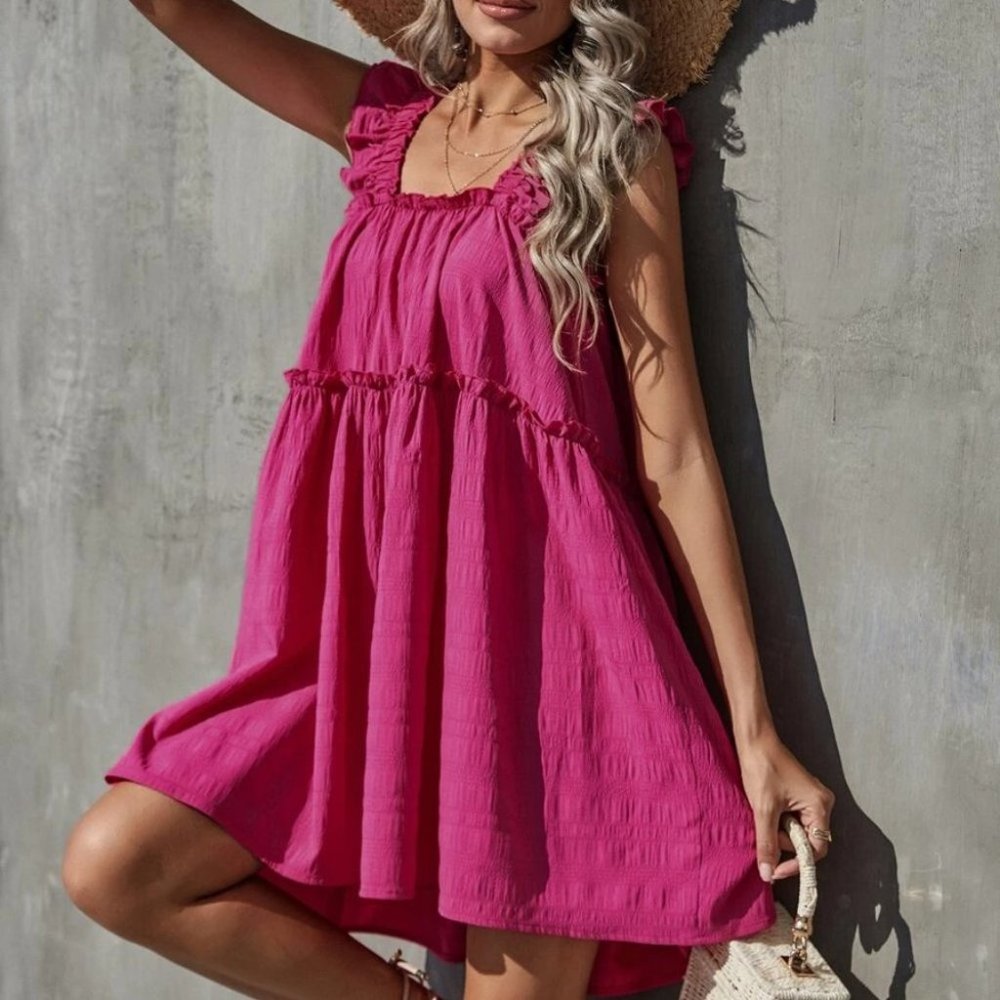 pink  Boho Frill Trim Ruffle Hem Dress